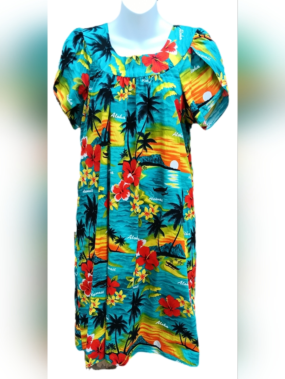 Hawaiian Muu Muu Dress Round Neck Tulip Sleeve Size M